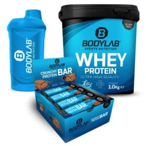 12x Bodylab24 Crunchy Protein-Riegel + 1kg Whey Protein + Shaker