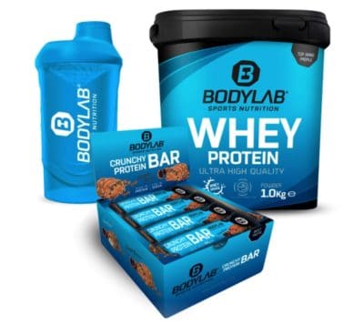 12x Bodylab24 Crunchy Protein-Riegel + 1kg Whey Protein + Shaker