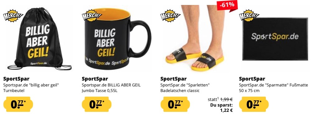 Sportspar Turnbeutel / Jumbo Tasse / Badelatschen / Fußmatte je nur 0,77€