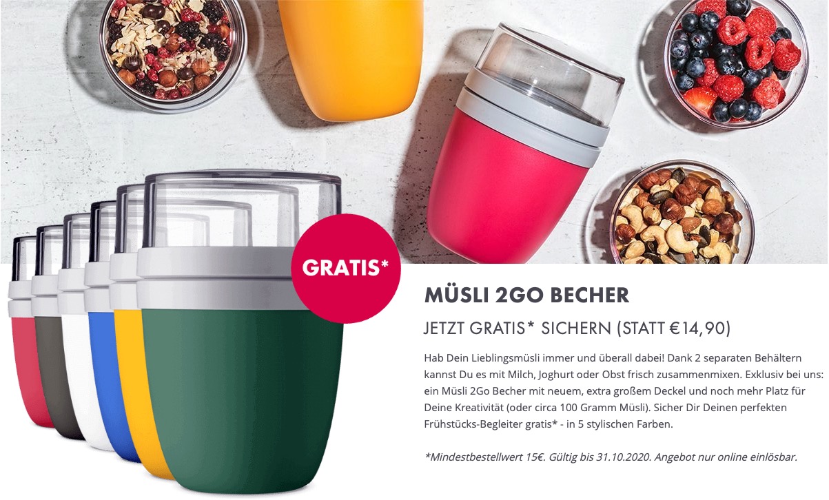Gratis Müsli 2Go Becher bei (MBW 15€) // 10€ Rabatt auf