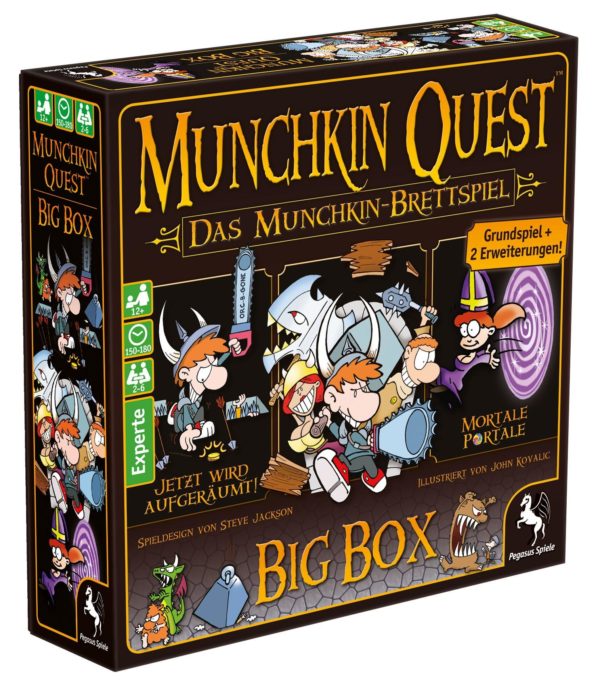 Jetzt haben Munchkin-Fans die Möglichkeit ihr Lieblingsuniversum nicht nur bretthart sondern auch komplett kennenzulernen: denn mit der neuen Munchkin Quest: Big Box erhalten sie das Basisspiel plus die beiden populären und lange vergriffenen Erweiterungen Jetzt wird aufgeräumt und Mortale Portale zusammen in einer Schachtel. Mit der gleichen Satire und bitterbösen Gemeinheit wie das Munchkin-Kartenspiel verbreitet Munchkin Quest einmal mehr Spaß und fröhlichen Wahnsinn. Töte die Monster, klau den Schatz und falle deinen Kumpeln in den Rücken Munchkin Quest überträgt nämlich genau dieses ebenso einfache wie erfolgreiche Konzept in die Welt des Brettspiels. Gemeinsam mit der ganzen Gruppe oder auf eigene Faust erkunden die Spieler einen Dungeon, treten Türen ein und tun das, was man in Dungeons eben tut: Monster meucheln und Schätze scheffeln! Durch den modularen Spielaufbau ist jeder Dungeon eine völlig neue Herausforderung.