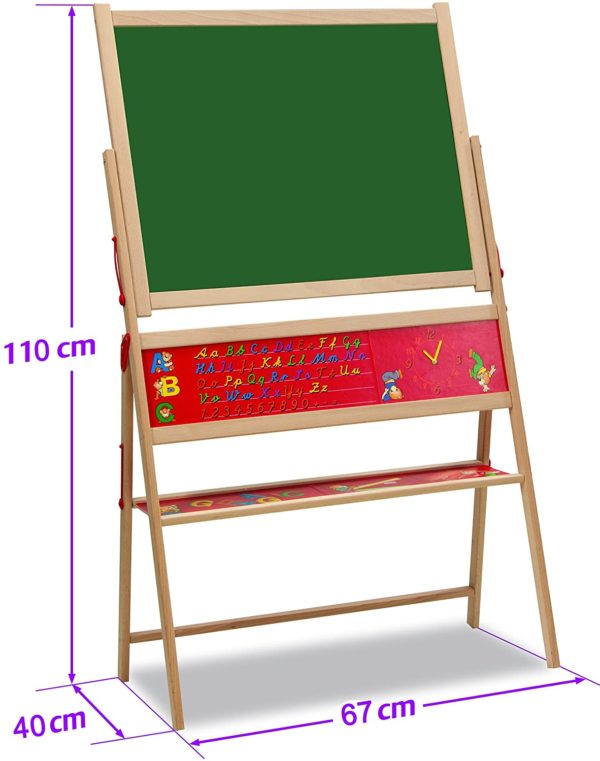 Produktbeschreibung Eichhorn magnetische Standtafel  Die 40x67x110cm große, magnetische Standtafel aus hochwertigem Holz fördert die Kreativität und bietet zahlreiche Spielfunktionen. Kinder können auf der Tafel mit Kreide schreiben und malen, oder die mitgelieferten Magnetbuchstaben platzieren und die Tafel als Pinnwand verwenden. Die Eichhorn Magnet-Standtafel hat ein praktisches Ablagefach für Zubehör, eine Vorlage der aktuellen Schreibschrift, Kreide, Schwamm und magnetischen Buchstaben inklusive. Für Kinder ab 3 Jahren geeignet.  Lernspielzeug aus Holz  Die Tafel wird aus Buchenholz gefertig. Alle Einzelteile sind so groß, dass Kinder sie gut greifen können. Sämtliche Holspielwaren von Eichhorn werden regelmäßig von unabhängigen Prüfinstituten getestet.  Eichhorn Top Qualität  Im Mittelpunkt der Produkte und der Produktentwicklung stehen die Kinder mit ihren Bedürfnissen. Seit über 70 Jahren produzieren wir qualitativ hochwertiges Holzspielzeug. Ein Großteil der Produkte wird in Deutschland produziert. Somit kann die Qualität besser überprüft werden. Ausnahmslos jedes Spielzeug entspricht den europäischen und internationalen Vorschriften für sicheres Kinderspielzeug.  Details:  Eichhorn Artikelnummer: 100002579 Geeignet für Kinder ab drei Jahren Lieferumfang: 48 Magnetbuchstaben, 10 Kreiden, 1 Schwamm, magnetisches Tafelblatt (Vorderseite grün liniert / Rückseite grün unliniert), 60-tlg. Maße: 40x67x110cm Verpackung: Kartonverpackung  Holzspielzeug, wie diese Standtafel, sorgen für leuchtende Kinderaugen und dadurch für glückliche Eltern  Warnhinweise Es besteht Erstickungsgefahr wegen verschluckbarer Kleinteile! Funktionsbedingte Klemmgefahr!