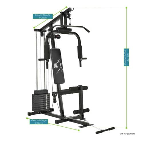 Das platzsparende Trainingsgerät aus edlen schwarzem Stahl Die Kraftstation ProfiGym 2000 von Artsport ist aus stabilen Stahl gefertigt. Durch die schwarze Lackierung erhält die Station edle Optik. Die platzsparende Station findet selbst in kleinen Wohnungen und Kellerräumen Ihren Platz.