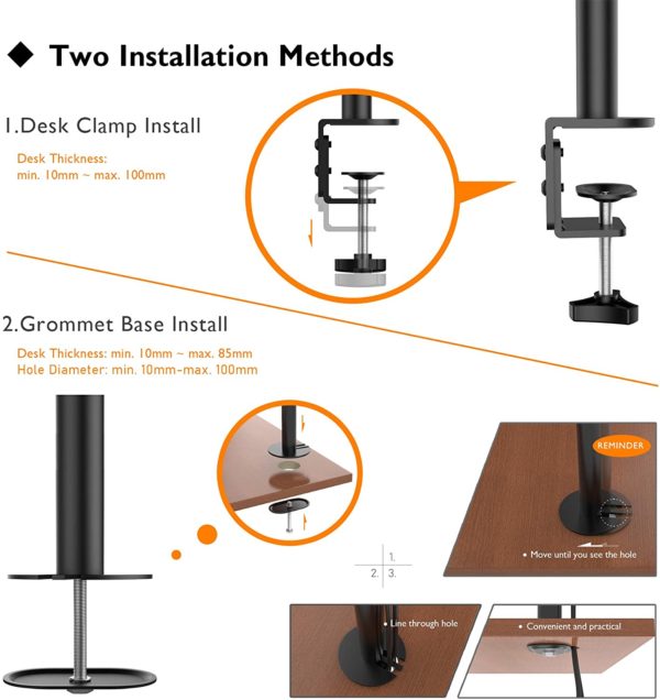 2 METHODEN DER INSTALLATIONEN - 1) Tischklemme: Die hochbelastbare'C'-Klemme bietet höchste Stabilität und hält Ihren Bildschirm fest und sicher an seinem Platz; 2) Tüllenfußmontage.
