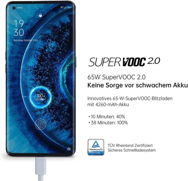 Hohe Akkuleistung: Dank VOOC 2.0 Schnelladefunktion und 4260mAh Akku verfügt das Find X2 Pro über eine lange Akkulaufzeit und ist schnell aufladbar. In 10 Min. werden bis zu 40% Ladekapazität erreicht