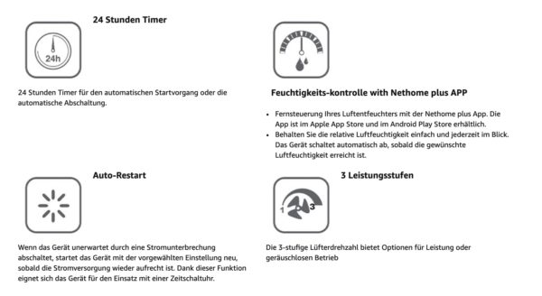 Fernsteuerung Ihres Luftentfeuchters mit der Nethome plus App. Die App ist im Apple App Store und im Android Play Store erhältlich. Behalten Sie die relative Luftfeuchtigkeit einfach und jederzeit im Blick. Das Gerät schaltet automatisch ab, sobald die gewünschte Luftfeuchtigkeit erreicht ist.