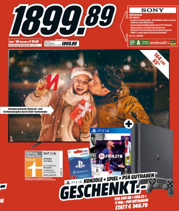 Sony KD 65A8 65 Zoll 4K OLED TV inkl. PS4 + Fifa 21 + 100 Euro PS4 Guthaben