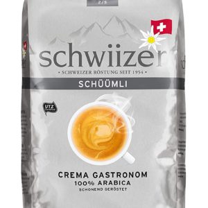 Schwiizer Schüümli Gastronom: Edle Mischung aus hochwertigen Arabicabohnen. Ein leicht nussiger Geschmack mit einer Note von Sandelholz zeichnet diesen Kaffee aus