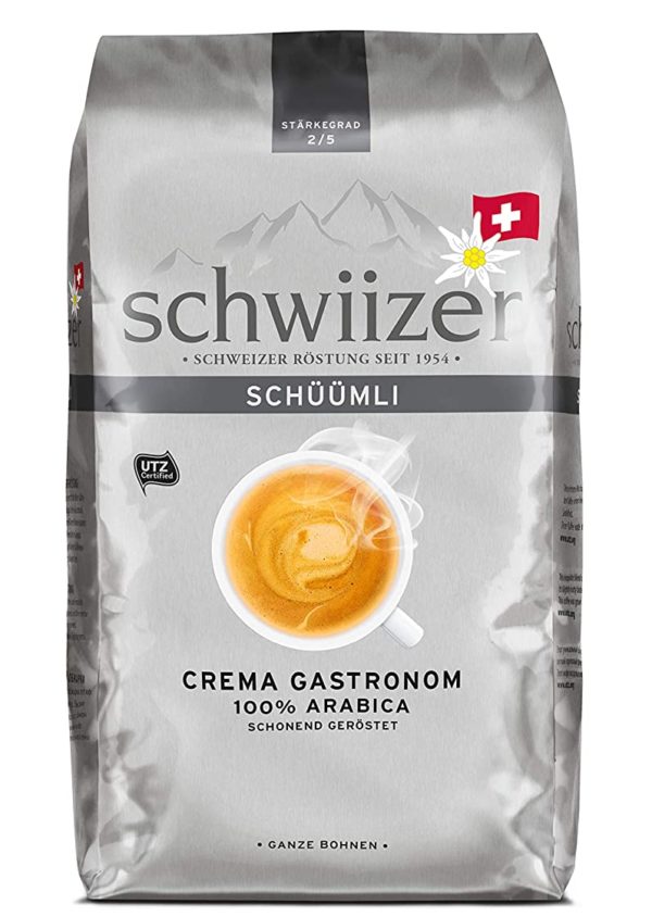 Schwiizer Schüümli Gastronom: Edle Mischung aus hochwertigen Arabicabohnen. Ein leicht nussiger Geschmack mit einer Note von Sandelholz zeichnet diesen Kaffee aus