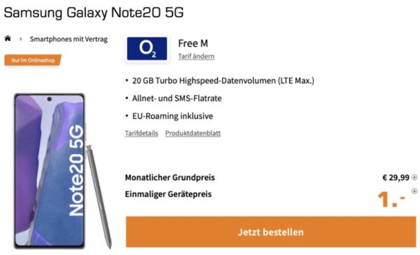 Samsung Galaxy Note20 5G fuer 1 im o2 Free mit 20GB LTE fuer 2999 mtl.