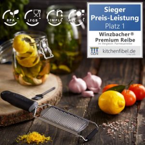 Winzbacher   Premium Zester Reibe I Parmesanreibe Zitronenreibe Muskatnuss Reibe Ingwerreibe u.v.m. I rasiermesserscharfe Edelstahl Klinge I Spue...