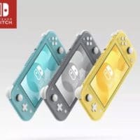 Drei Nintendo Switch Lite Konsolen in grün, grau und gelb