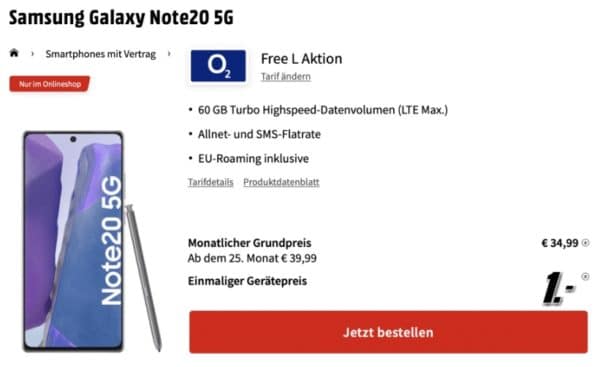 Samsung Galaxy Note 20 5G 256 GB fuer 1 im o2 Free L mit 60GB 5G fuer 3499 mtl.