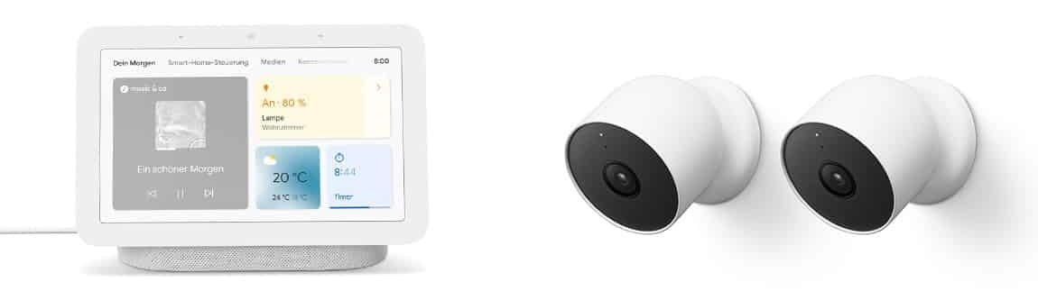 Google Nest Cam (mit Akku) 2er-Pack + kostenloser Google Nest Hub (2. Generation)