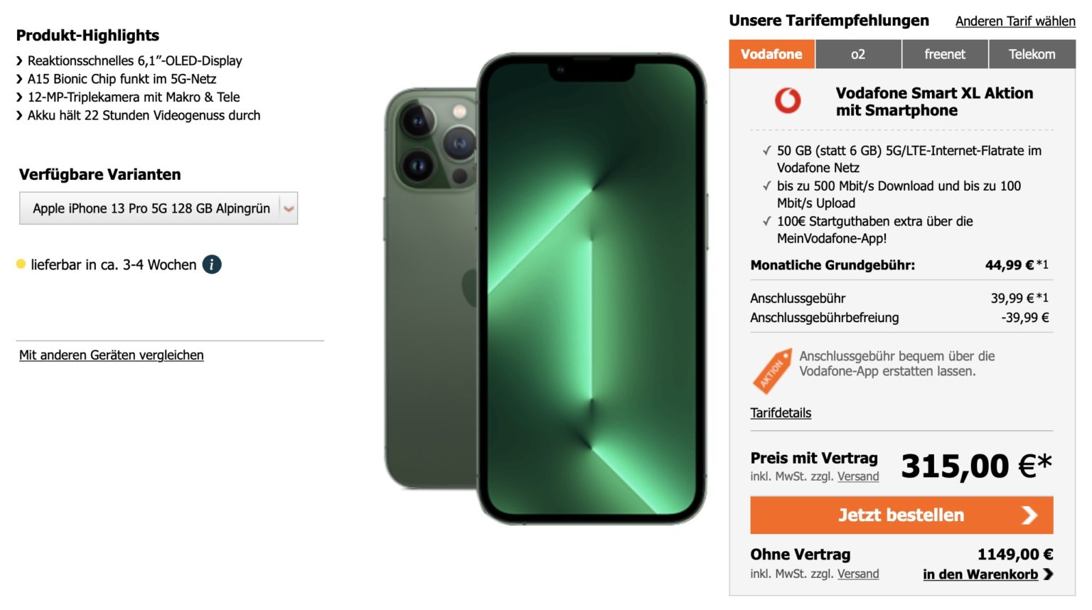Vodafone Iphone 13 Pro Max Lieferzeit [100€ Bonus] Apple iPhone 13 / Pro / Max mit 50GB 5G Vodafone Allnet