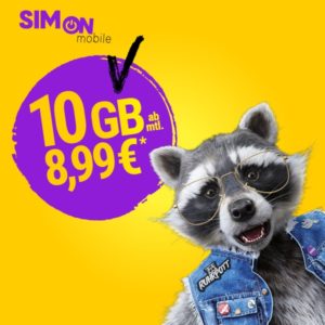 SIMon mobile 🦝 10GB Allnet-Flat im Vodafone-Netz (50 Mbit/s, mtl. kündbar) ab 8,99€ mtl.