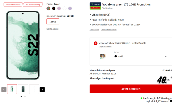 Samsung Galaxy S22 + Xbox für einm. 49€ und 15GB Vodafone Telefonie für 29,99€ mtl.