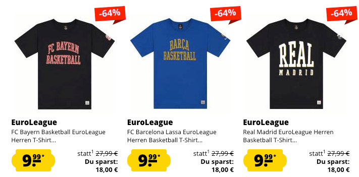 Basketball Euroleague T-Shirts von verschiedenen Mannschaften