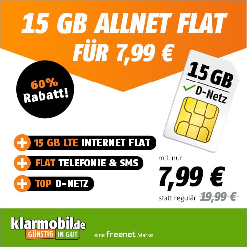 🔥 Vodafone Allnet mit 15GB LTE (50 Mbit/s) für 7,99€