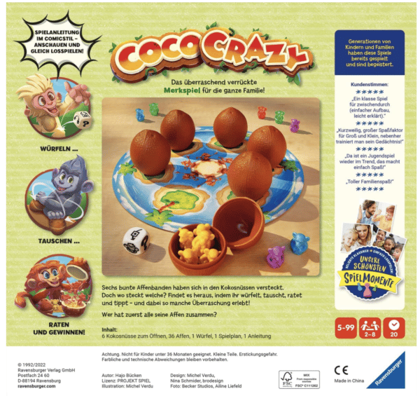 Ravensburger 20897 - Coco Crazy, Brettspiel für Kinder ab 5 Jahren, Familienspiel für Kinder und Erwachsene, Merkspiel für 2-8 Spieler