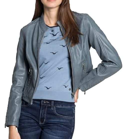 Tom Tailor Leder Jacke rockige Damen Echtleder Jacke mit Nieten 55260411 Grau Blau