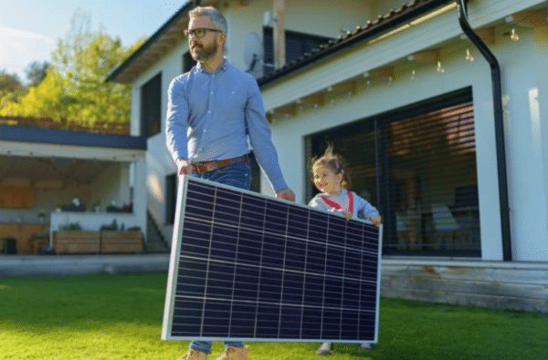 Vater und Tochter tragen ein Solarpanel