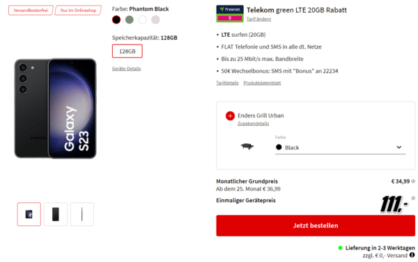 Samsung Galaxy s23 + Enders Gasgrill Urban für einmalig 111€ und 34,99€ mtl.