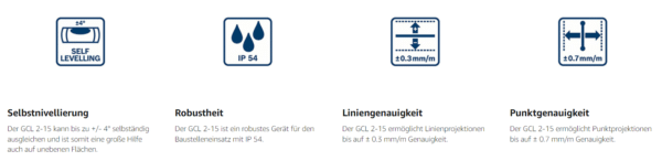 Funktionen Kreuzlinienlaser: Selbstnivellierung, Robustheit, Liniengenauigkeit, Punktgenauigkeit