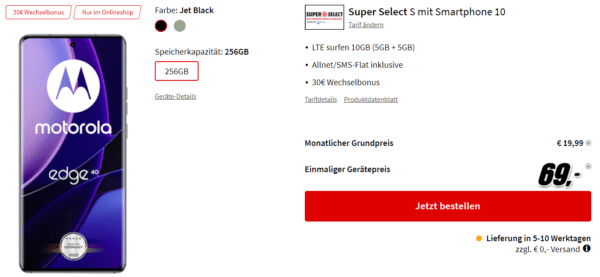 Motorola Edge 40 für 69€ einmalig und 19,99€ mtl. im O2 Netz mit 10GB und Allnetflat