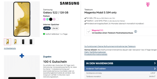 Samsung Galaxy S22 + 100€ Amazon Gutschein