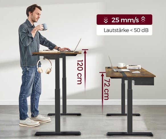 VASAGLE Hoehenverstellbarer Schreibtisch 60 x 140 cm vintagebraun schwarz