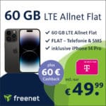 Noch HEUTE 🚀 [60€ Cashback] Apple iPhone 14 PRO für 34,95€ + 60GB (!) Telekom LTE Allnet für 49,99€ mtl.