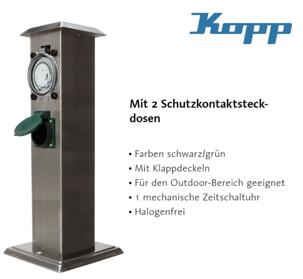 Kopp® Gartensteckdose mit Zeitschaltuhr Edelstahl Steckdosensäule 2-fach Silber