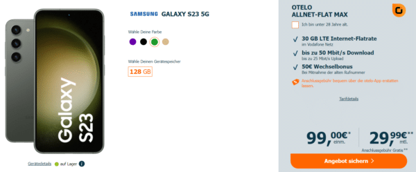 Samsung Galaxy 23 Otelo mit 30GB AllnetFlat für 29,99€ mtl.