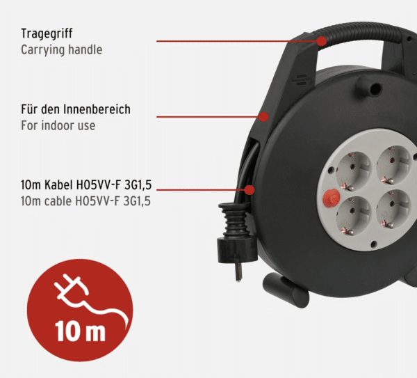 Brennenstuhl Vario Line Kabelbox Indoor-Kabeltrommel für Haushalt, 10m Kabel