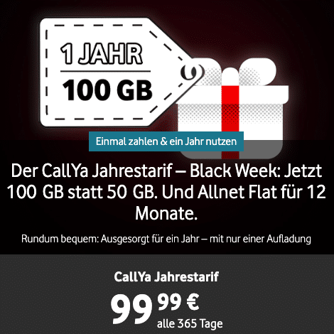 CallYa für ins Prepaid) (Vodafone Jahrestarif 8,33€ 2.400 o. 📱 99,99€ Allnet + MyTopDeals Min. - mtl. 30€ EU-Netz 100GB Bonus | SMS