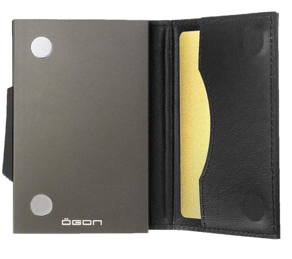 OEGON Cascade Wallet automatische Geldboerse aus Aluminium und Leder mit RFID Schutz Carbon Schwarz