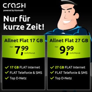 Crash Vodafone Allnet-Flat mit 17GB für 7,99€ mtl. | 27GB für 9,99€ mtl. | 9,99€ AG