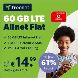 Endet um 10 UHR! 🔥 ☎️ 60GB LTE Vodafone Allnet für NUR 14,99€ monatlich (100 Mbit/s) | 19,99€ AG