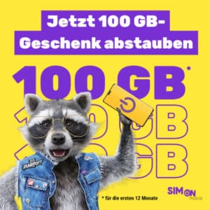 100GB EXTRA! 🥳 SIMon mobile 🦝 17GB Allnet-Flat im Vodafone-Netz mit 5G (50 Mbit/s, mtl. kündbar) ab 8,99€ mtl.