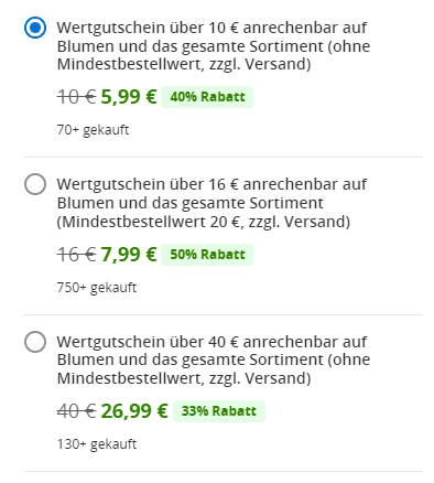 Wertgutschein über 10, 16 oder 40 € anrechenbar auf das gesamte Sortiment von Bluvesa