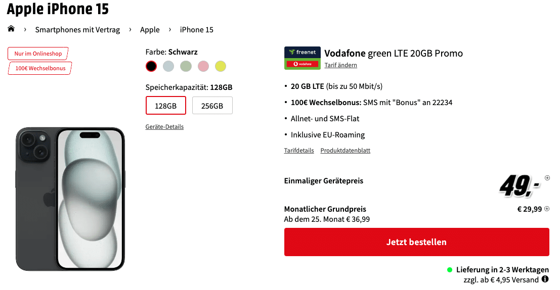 Vodafone green LTE 20GB Promo mit iPhone 15
