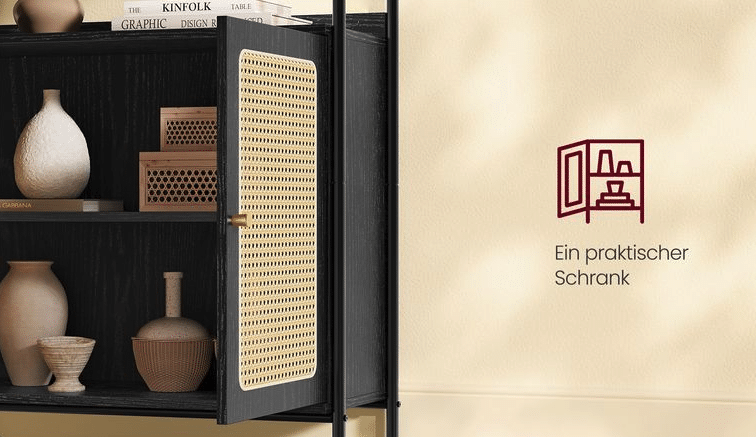 VASAGLE Bücherregal mit Türen in Rattan-Optik mit Fokus auf die Rattantüre