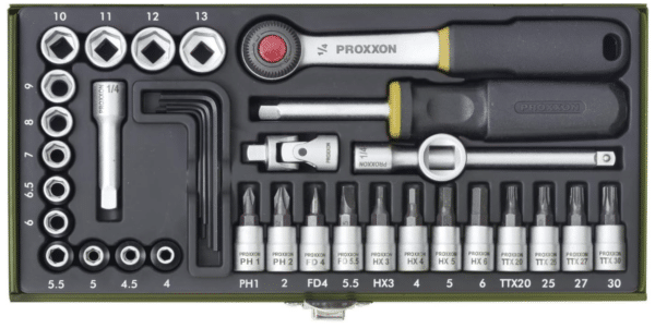 Proxxon 23080 Feinmechaniker Satz mit 63mm 1422 Umschaltratsche und Schraubendrehergriff 36teilig Werkzeug Set mit Stahlkasten Abmass 30x12.5x5cm