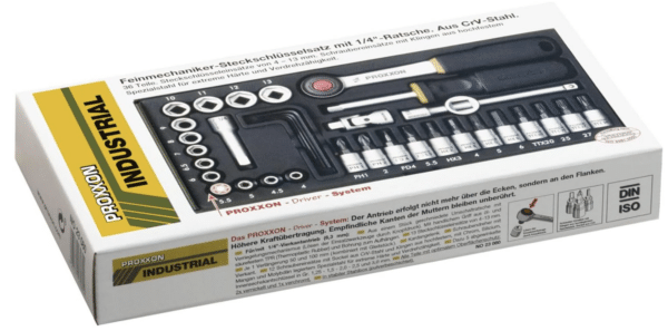 Proxxon 23080 Feinmechaniker Satz mit 63mm 1422 Umschaltratsche und Schraubendrehergriff 36teilig Werkzeug Set mit Stahlkasten Abmass 30x12.5x5cm2