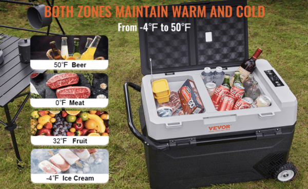 VEVOR Camping Kühlschrank 53 L Kühlbox, 12/24 V Rollbare Elektrische Gefrierbox 2 in 1 Doppelzone, Auto Kühlschrank Kompressor zum Warmhalten und Kühlen 60 W Tragbar Handgriff Boot, Lkw, Mobil Grau