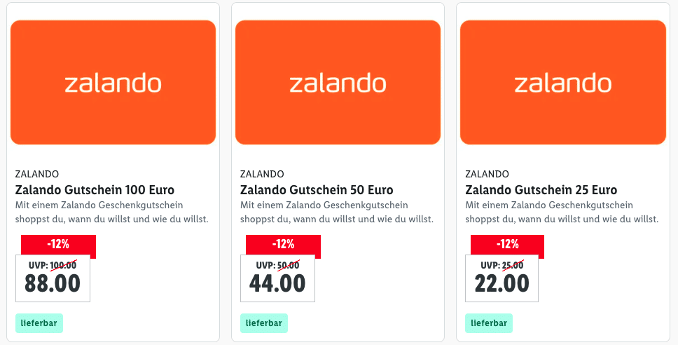 Drei verschiedene Zalando-Gutscheine mit 12% Rabatt