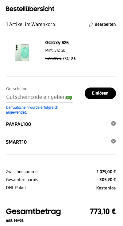 Galaxy S25 bei Samsung mit Rabattcodes