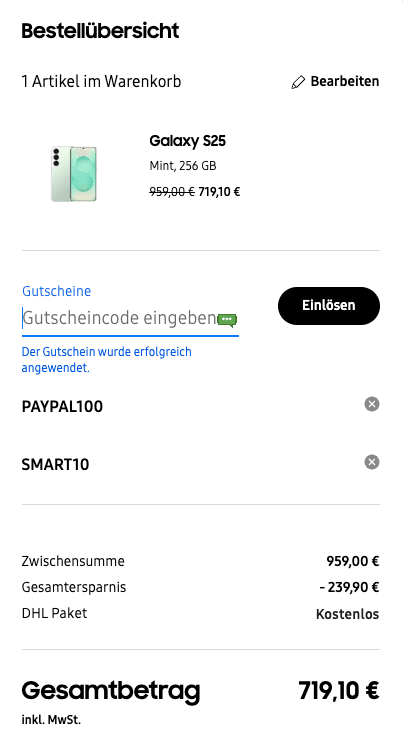 Galaxy S25 bei Samsung mit Rabattcodes