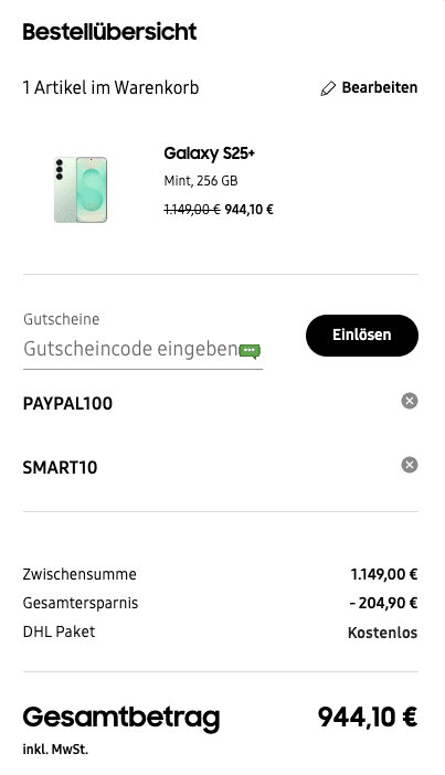 Bildschirmfoto 2025 01 22 um 20.07.07 Galaxy S25+ mit 256GB im Angebot bei Samsung